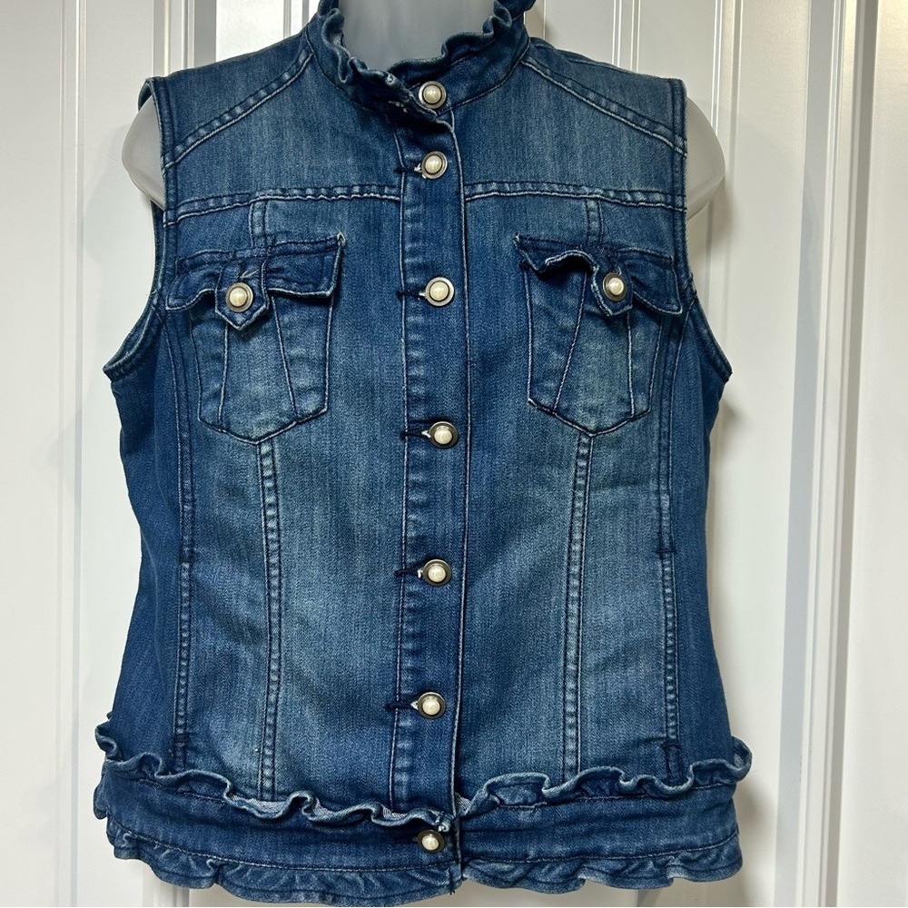 International Concepts Women's Denim Vest Ruffle Trim Pearl Like Button Closure
